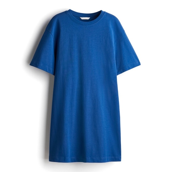 H&M Defined Waist T-Shirt Dress Blue NEW Cotton Crewneck Pullover Short Sleeve - Picture 3 of 9